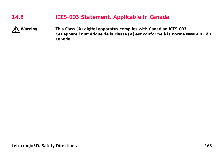 8 ices-003 statement, applicable in canada | Leica Geosystems Leica mojo3D - User Manual User Manual | Page 263 / 378