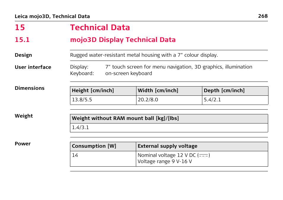 15 technical data, 1 mojo3d display technical data | Leica Geosystems Leica mojo3D - User Manual User Manual | Page 268 / 378