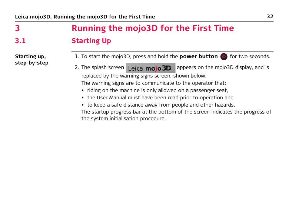 3 running the mojo3d for the first time, 1 starting up, Running the mojo3d for the first time | Starting up, 3running the mojo3d for the first time | Leica Geosystems Leica mojo3D - User Manual User Manual | Page 32 / 378