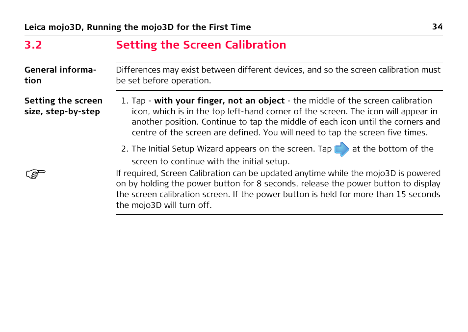 2 setting the screen calibration, Setting the screen calibration | Leica Geosystems Leica mojo3D - User Manual User Manual | Page 34 / 378