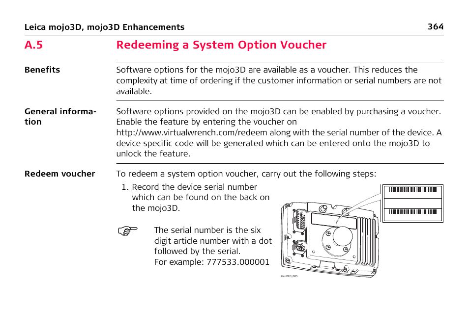 A.5 redeeming a system option voucher, Redeeming a system option voucher | Leica Geosystems Leica mojo3D - User Manual User Manual | Page 364 / 378