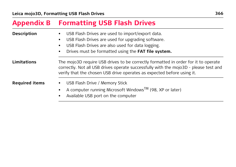 Appendix b formatting usb flash drives, Appendix b, Formatting usb flash drives | Leica Geosystems Leica mojo3D - User Manual User Manual | Page 366 / 378