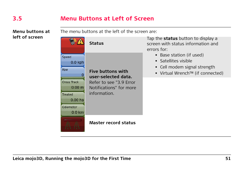 5 menu buttons at left of screen, Menu buttons at left of screen | Leica Geosystems Leica mojo3D - User Manual User Manual | Page 51 / 378