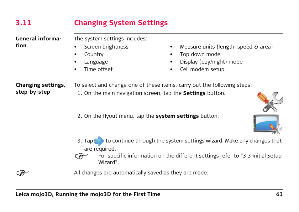 11 changing system settings | Leica Geosystems Leica mojo3D - User Manual User Manual | Page 61 / 378