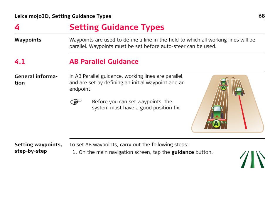 4 setting guidance types, 1 ab parallel guidance, Setting guidance types | Ab parallel guidance, 4setting guidance types | Leica Geosystems Leica mojo3D - User Manual User Manual | Page 68 / 378