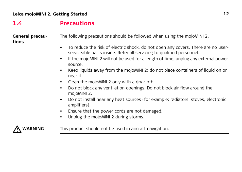 4 precautions, Precautions | Leica Geosystems Leica mojoMINI 2 - User Manual User Manual | Page 12 / 94