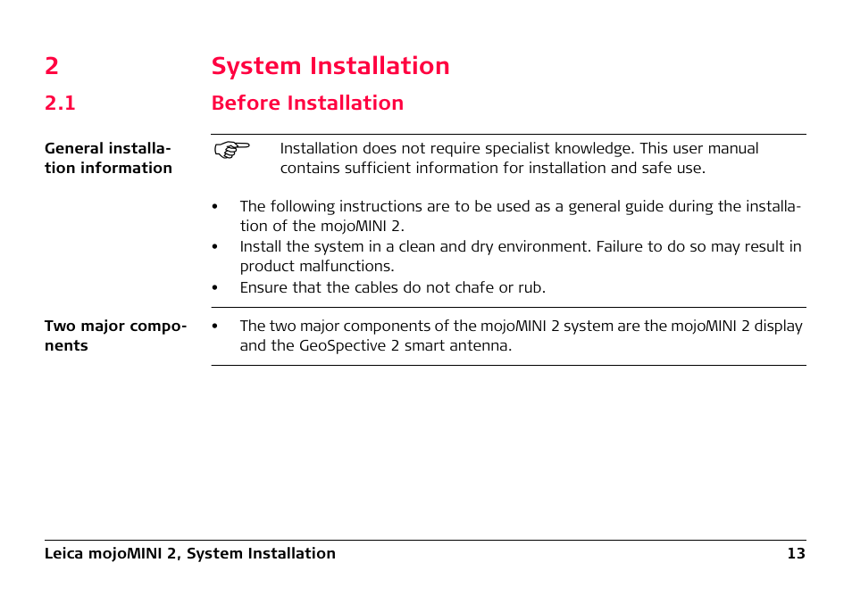 2 system installation, 1 before installation, System installation | Before installation, 2system installation | Leica Geosystems Leica mojoMINI 2 - User Manual User Manual | Page 13 / 94