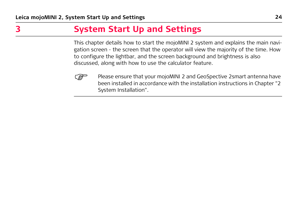 3 system start up and settings, System start up and settings | Leica Geosystems Leica mojoMINI 2 - User Manual User Manual | Page 24 / 94