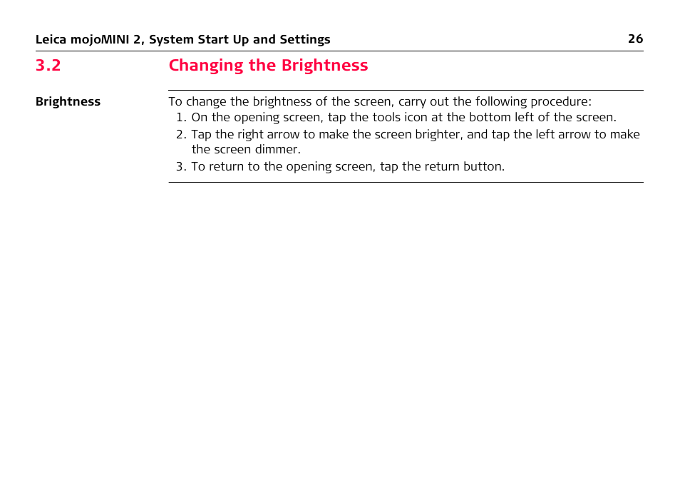 2 changing the brightness, Changing the brightness | Leica Geosystems Leica mojoMINI 2 - User Manual User Manual | Page 26 / 94