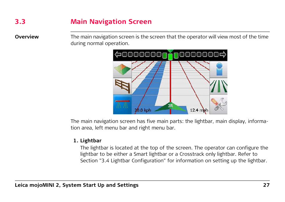 3 main navigation screen, Main navigation screen | Leica Geosystems Leica mojoMINI 2 - User Manual User Manual | Page 27 / 94