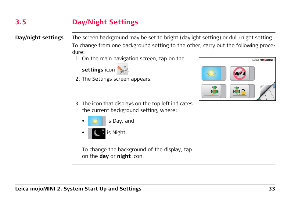 5 day/night settings, Day/night settings | Leica Geosystems Leica mojoMINI 2 - User Manual User Manual | Page 33 / 94