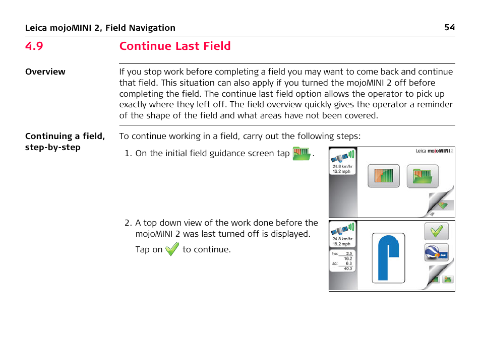 9 continue last field, Continue last field | Leica Geosystems Leica mojoMINI 2 - User Manual User Manual | Page 54 / 94