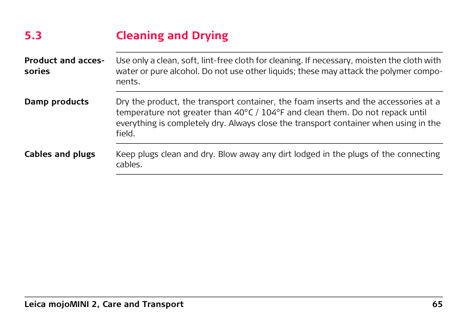 3 cleaning and drying, Cleaning and drying | Leica Geosystems Leica mojoMINI 2 - User Manual User Manual | Page 65 / 94