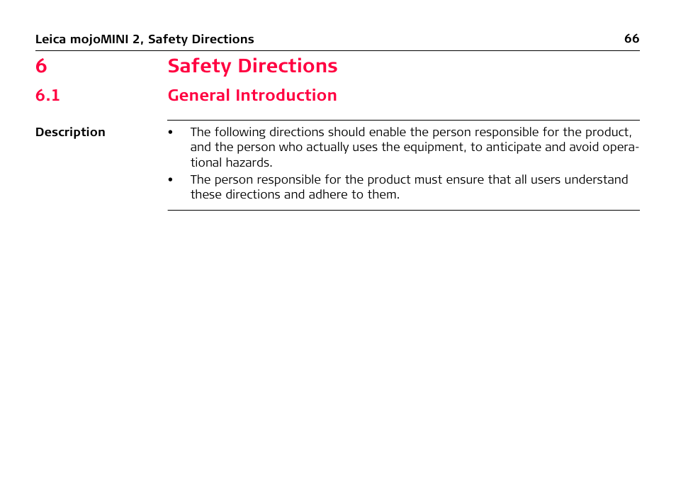 6 safety directions, 1 general introduction, Safety directions | General introduction, 6safety directions | Leica Geosystems Leica mojoMINI 2 - User Manual User Manual | Page 66 / 94