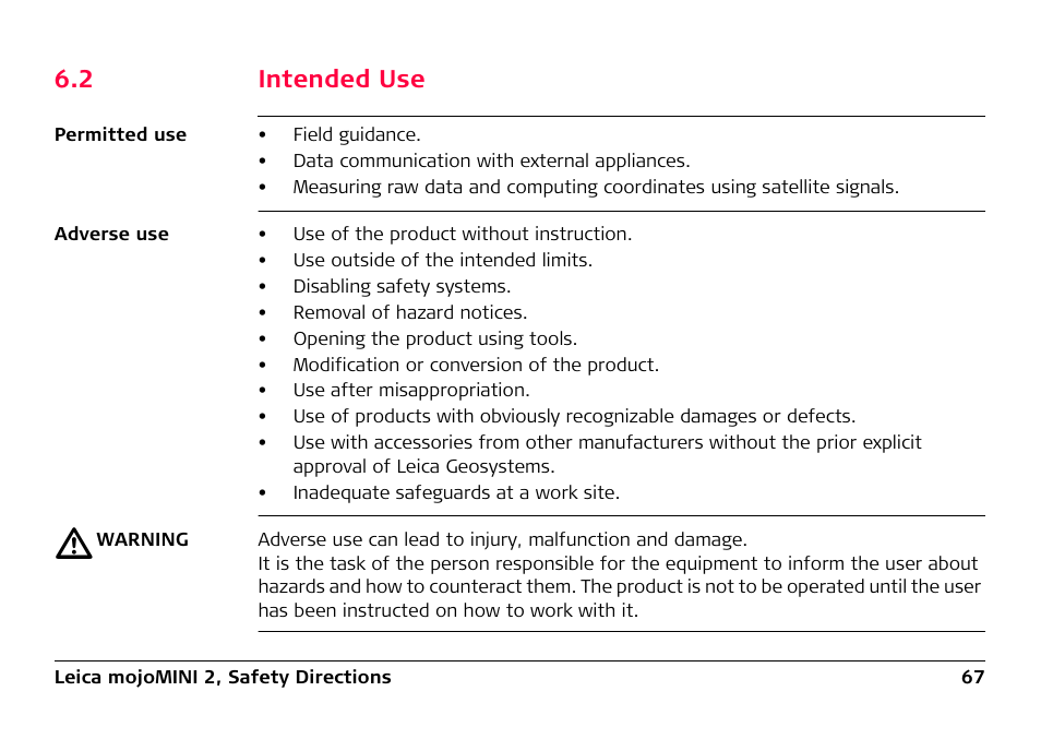 2 intended use, Intended use | Leica Geosystems Leica mojoMINI 2 - User Manual User Manual | Page 67 / 94