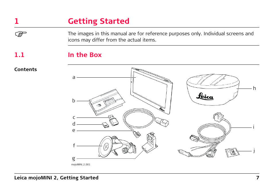1 getting started, 1 in the box, Getting started | In the box, 1getting started | Leica Geosystems Leica mojoMINI 2 - User Manual User Manual | Page 7 / 94