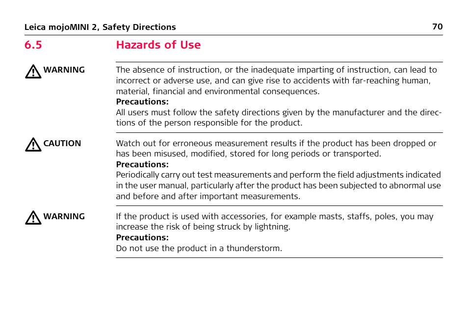 5 hazards of use, Hazards of use | Leica Geosystems Leica mojoMINI 2 - User Manual User Manual | Page 70 / 94