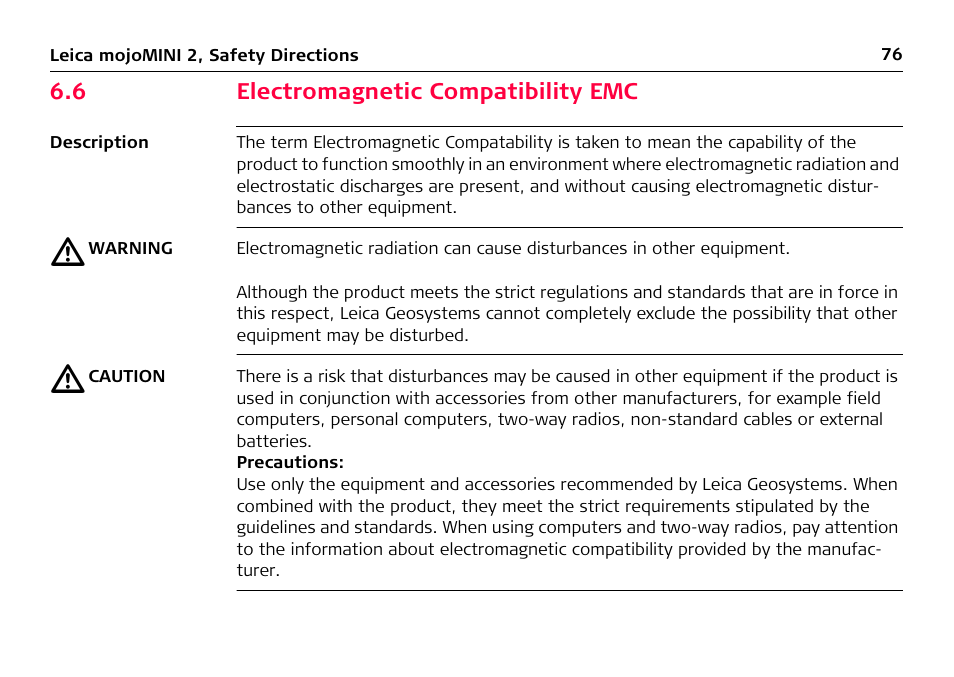 6 electromagnetic compatibility emc, Electromagnetic compatibility emc | Leica Geosystems Leica mojoMINI 2 - User Manual User Manual | Page 76 / 94