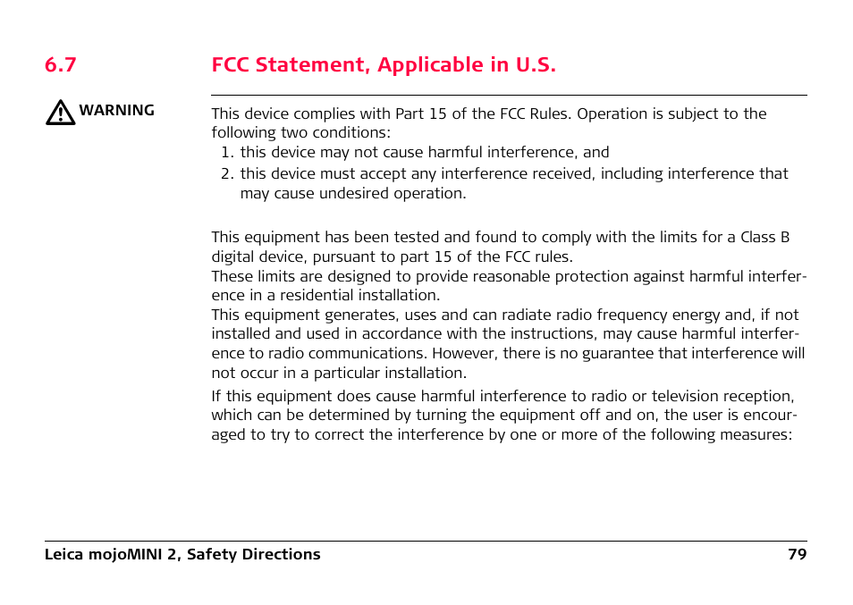 7 fcc statement, applicable in u.s, Fcc statement, applicable in u.s | Leica Geosystems Leica mojoMINI 2 - User Manual User Manual | Page 79 / 94