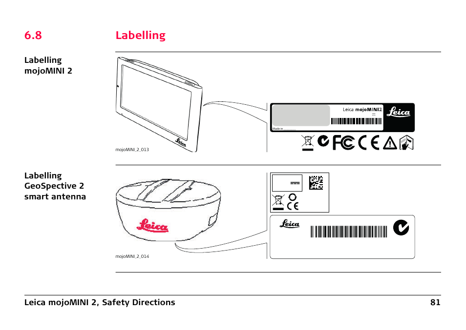 8 labelling, Labelling, Leica mojomini 2, safety directions 81 | Leica Geosystems Leica mojoMINI 2 - User Manual User Manual | Page 81 / 94