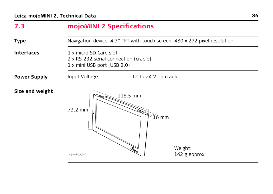 3 mojomini 2 specifications, Mojomini 2 specifications | Leica Geosystems Leica mojoMINI 2 - User Manual User Manual | Page 86 / 94