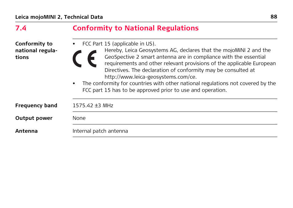 4 conformity to national regulations, Conformity to national regulations | Leica Geosystems Leica mojoMINI 2 - User Manual User Manual | Page 88 / 94