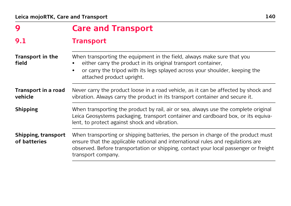 9 care and transport, 1 transport, Care and transport | Transport, 9care and transport | Leica Geosystems Leica mojoRTK User Manual | Page 140 / 210