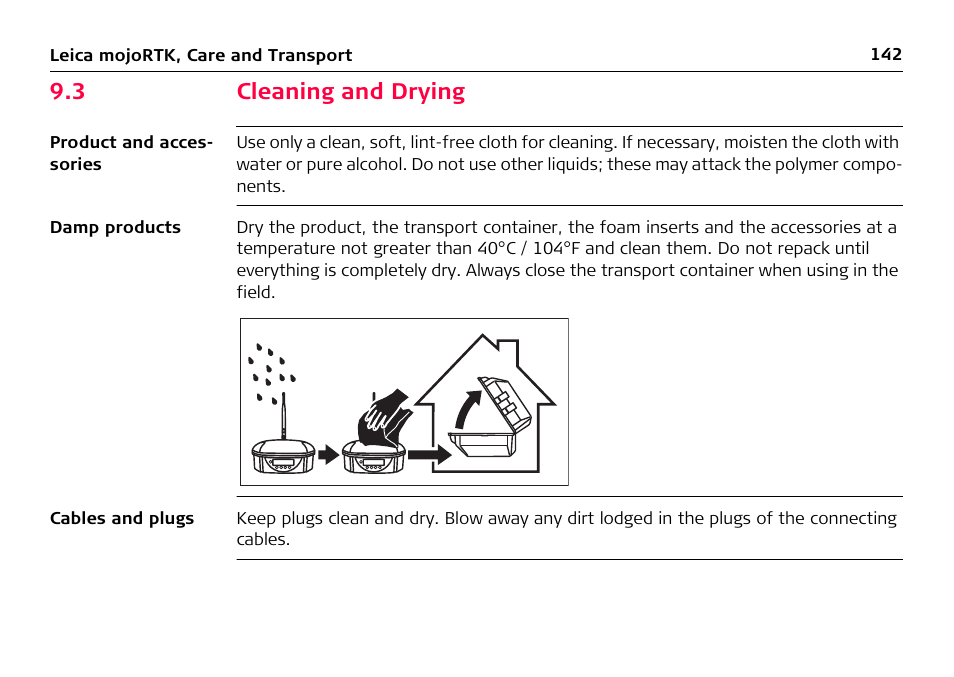 3 cleaning and drying, Cleaning and drying | Leica Geosystems Leica mojoRTK User Manual | Page 142 / 210