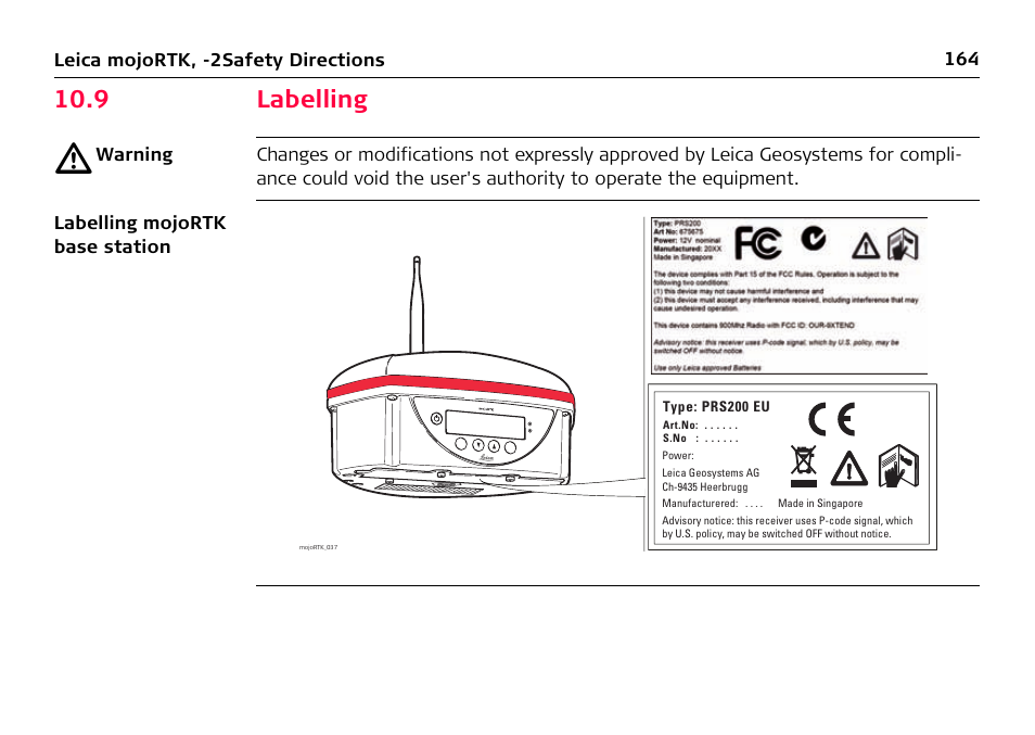 9 labelling, 164 leica mojortk, -2safety directions | Leica Geosystems Leica mojoRTK User Manual | Page 164 / 210