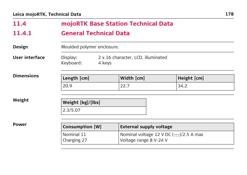 4 mojortk base station technical data, 1 general technical data, General technical data | Leica Geosystems Leica mojoRTK User Manual | Page 178 / 210