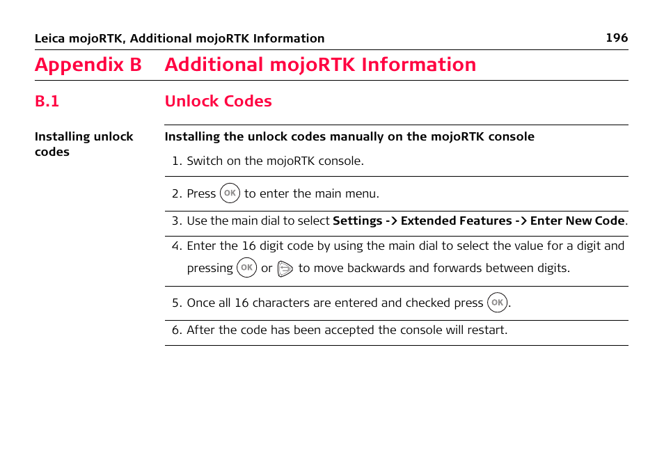 Appendix b additional mojortk information, B.1 unlock codes, Appendix b | Additional mojortk information, Unlock codes | Leica Geosystems Leica mojoRTK User Manual | Page 196 / 210