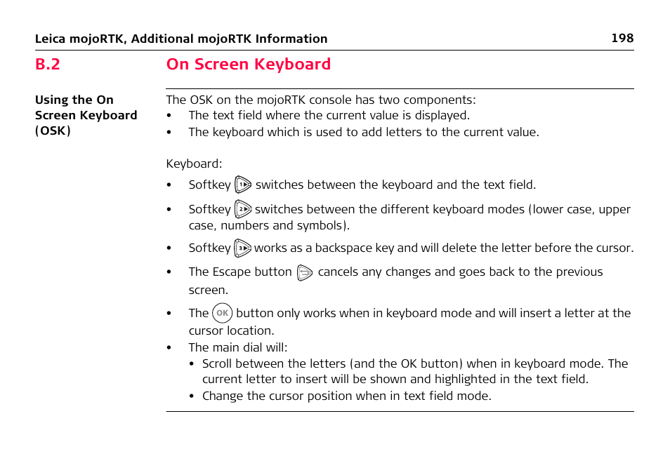 B.2 on screen keyboard, On screen keyboard | Leica Geosystems Leica mojoRTK User Manual | Page 198 / 210