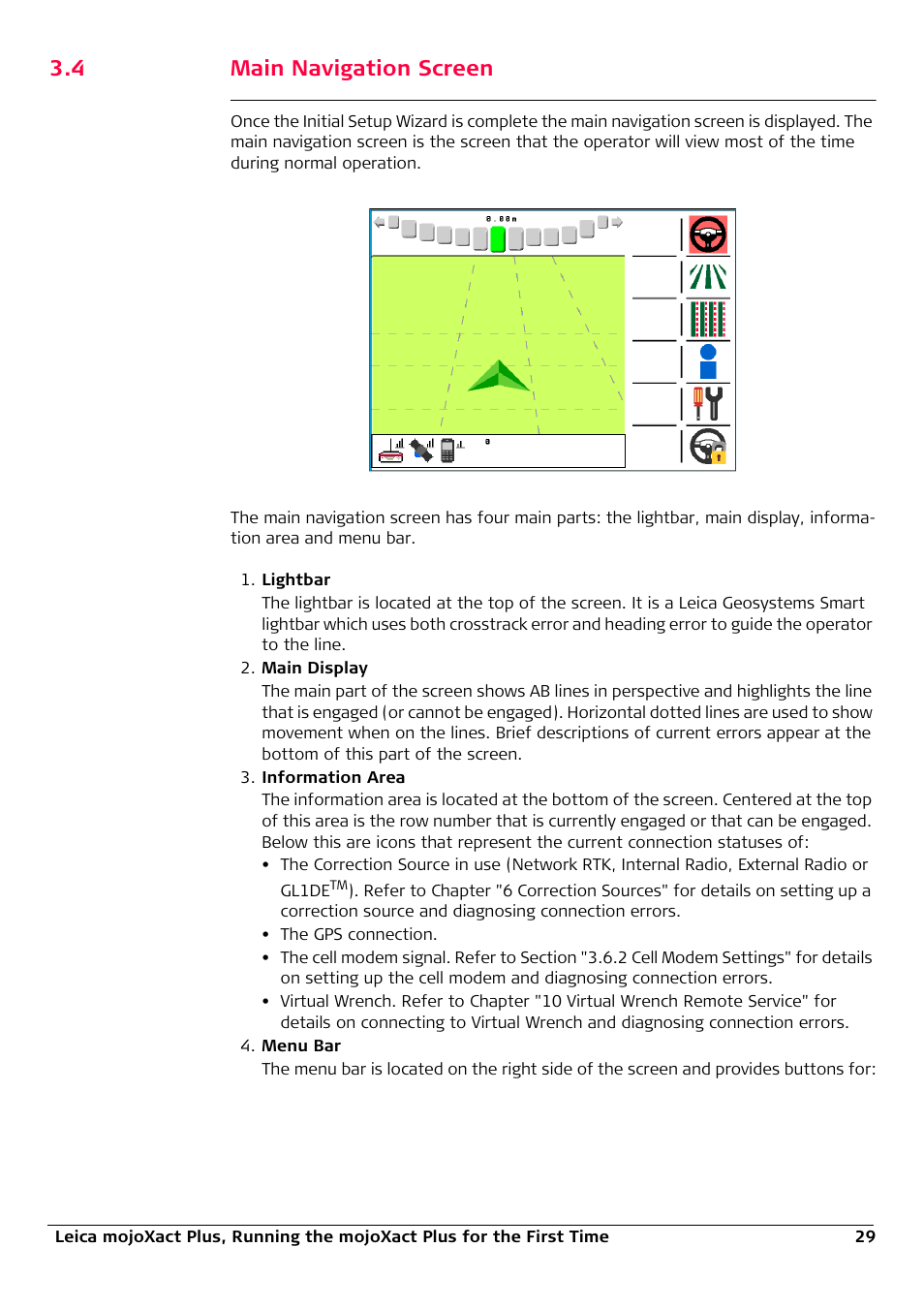 4 main navigation screen, Main navigation screen, On "3.4 main navigation screen" for an e | Leica Geosystems Leica mojoXact Plus User Manual | Page 29 / 164