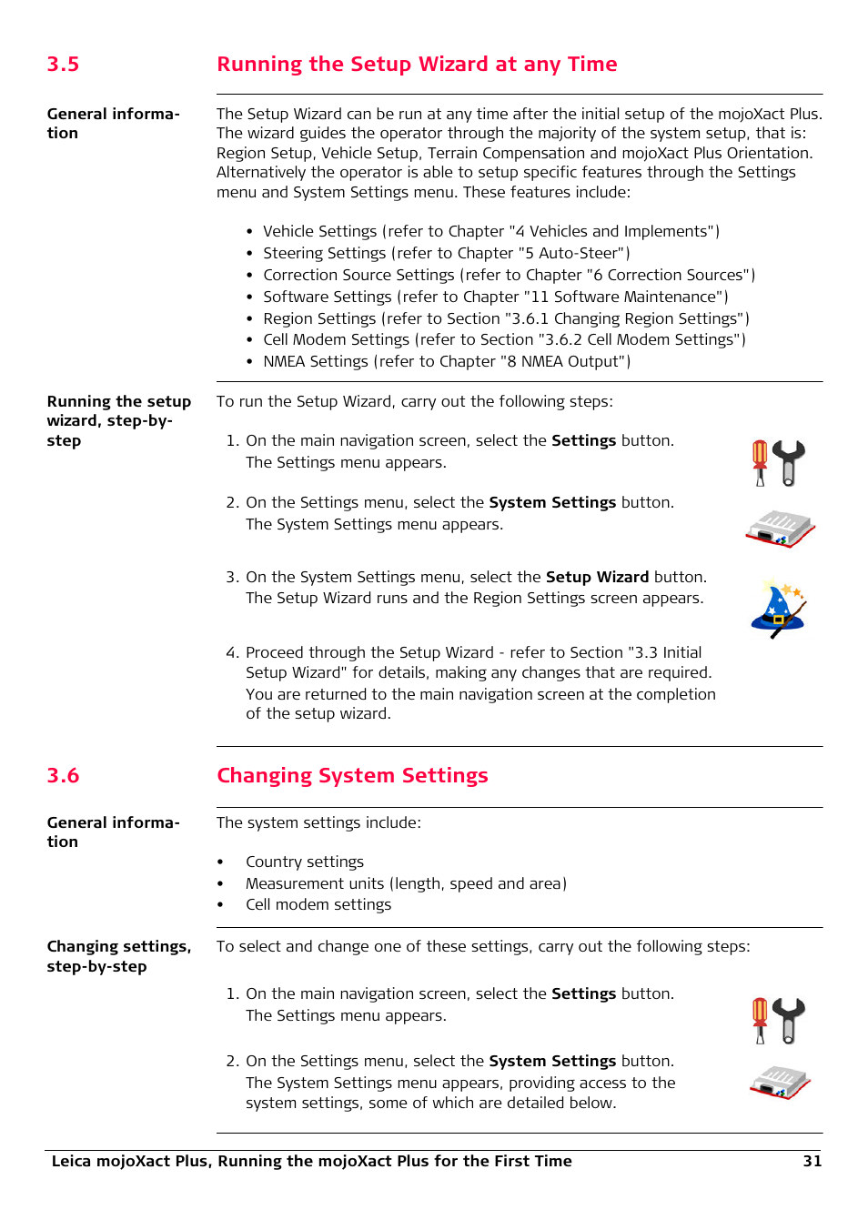 5 running the setup wizard at any time, 6 changing system settings, Running the setup wizard at any time | Changing system settings | Leica Geosystems Leica mojoXact Plus User Manual | Page 31 / 164