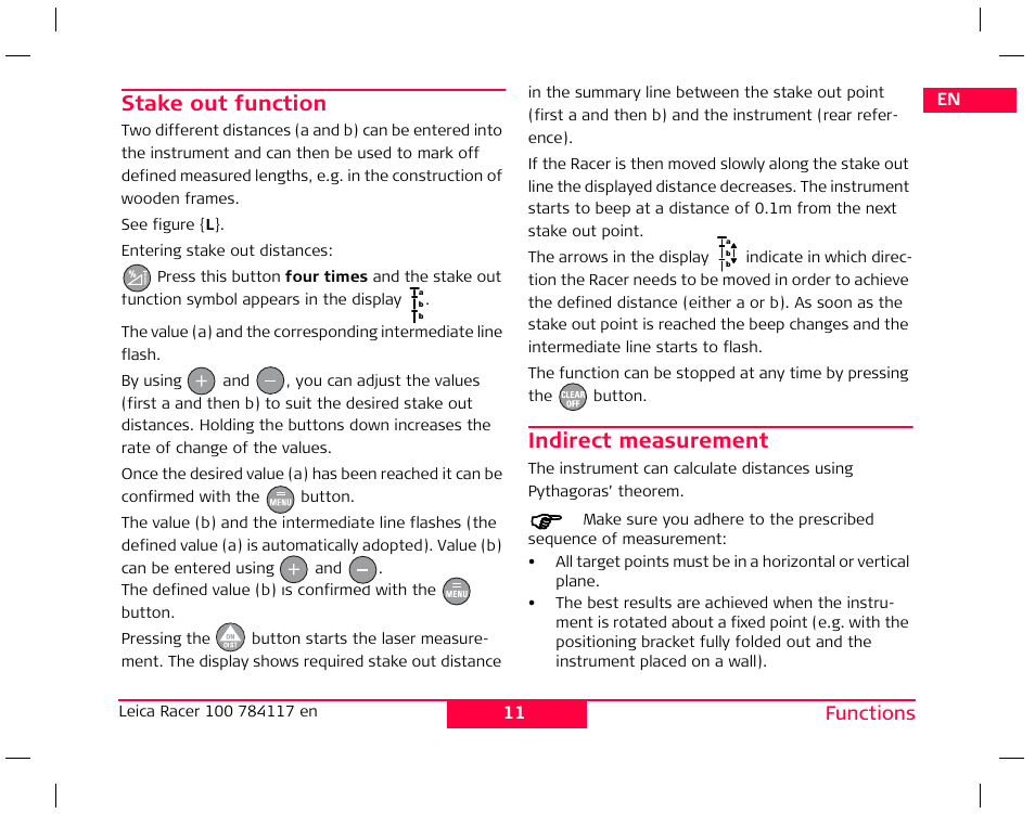 Stake out function, Indirect measurement | Leica Geosystems Leica Racer 100 User Manual | Page 16 / 22