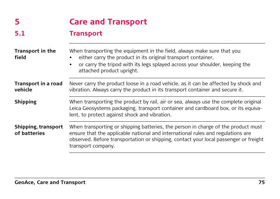 5 care and transport, 1 transport, 5care and transport | Leica Geosystems Leica GeoAce User Manual | Page 75 / 114