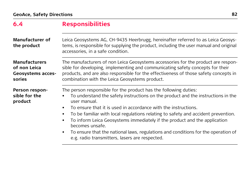 4 responsibilities | Leica Geosystems Leica GeoAce User Manual | Page 82 / 114