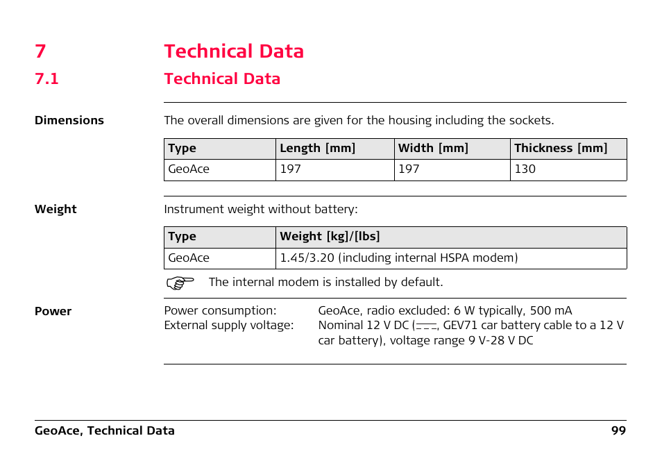 7 technical data, 1 technical data, 7technical data | Leica Geosystems Leica GeoAce User Manual | Page 99 / 114