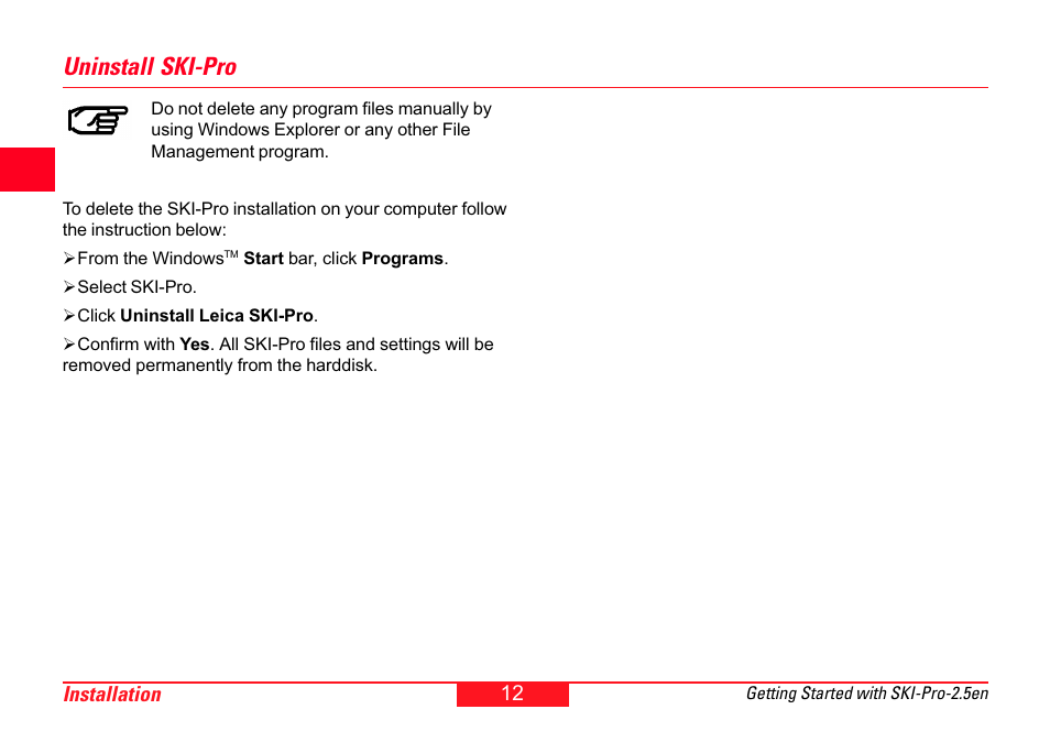 Uninstall ski-pro | Leica Geosystems SKI-Pro User Manual | Page 12 / 76