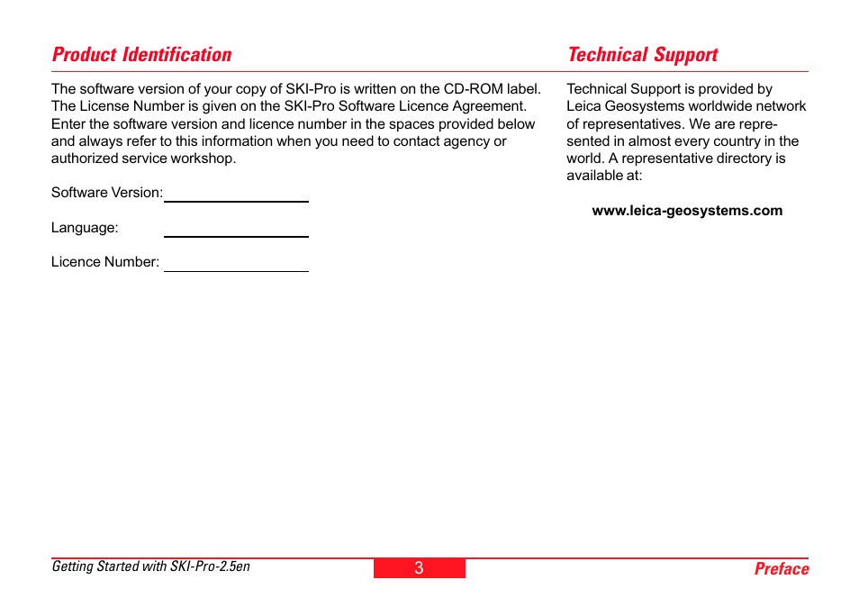 Product identification, Technical support | Leica Geosystems SKI-Pro User Manual | Page 3 / 76