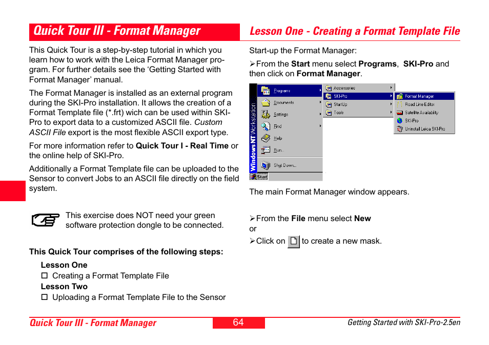 Quick tour iii - format manager, Lesson one - creating a format template file | Leica Geosystems SKI-Pro User Manual | Page 64 / 76