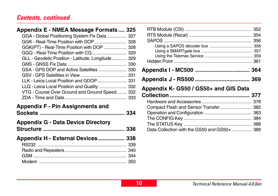 Contents, continued | Leica Geosystems GPS System 500 - Technical Reference Manual User Manual | Page 10 / 391