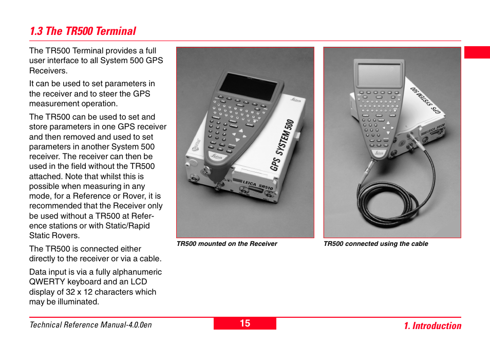 3 the tr500 terminal | Leica Geosystems GPS System 500 - Technical Reference Manual User Manual | Page 15 / 391