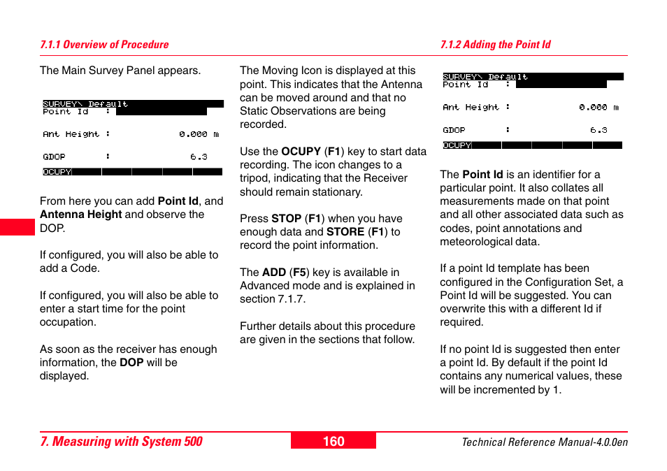 1 overview of procedure, 2 adding the point id, 1 overview of procedure 7.1.2 adding the point id | Leica Geosystems GPS System 500 - Technical Reference Manual User Manual | Page 160 / 391