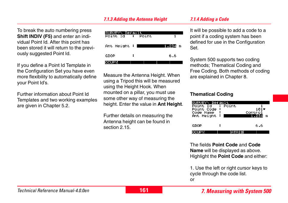 3 adding the antenna height, 4 adding a code, 3 adding the antenna height 7.1.4 adding a code | Leica Geosystems GPS System 500 - Technical Reference Manual User Manual | Page 161 / 391