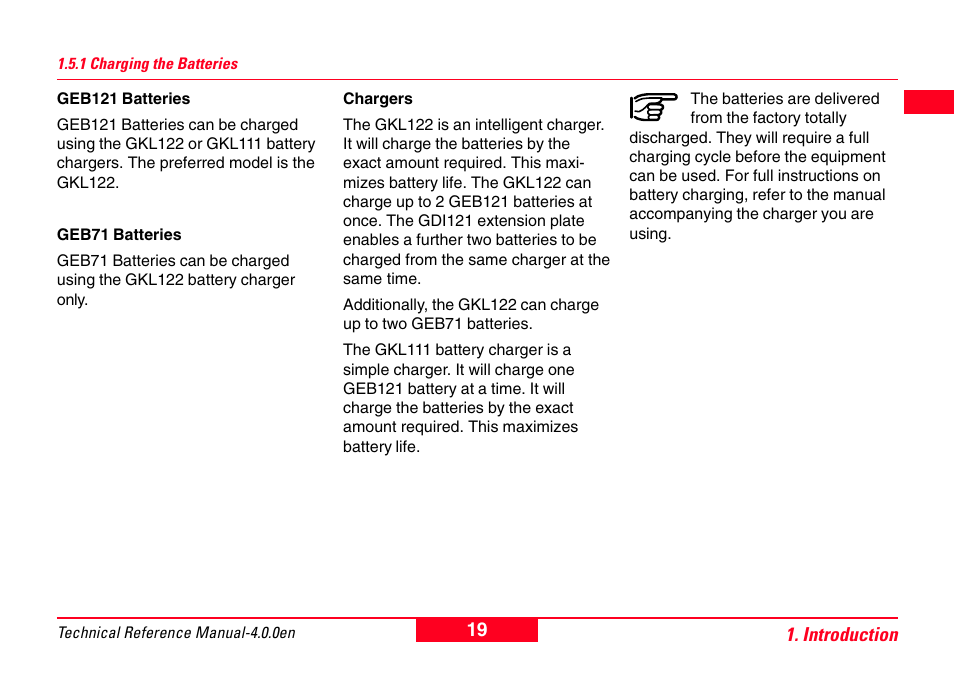 1 charging the batteries | Leica Geosystems GPS System 500 - Technical Reference Manual User Manual | Page 19 / 391