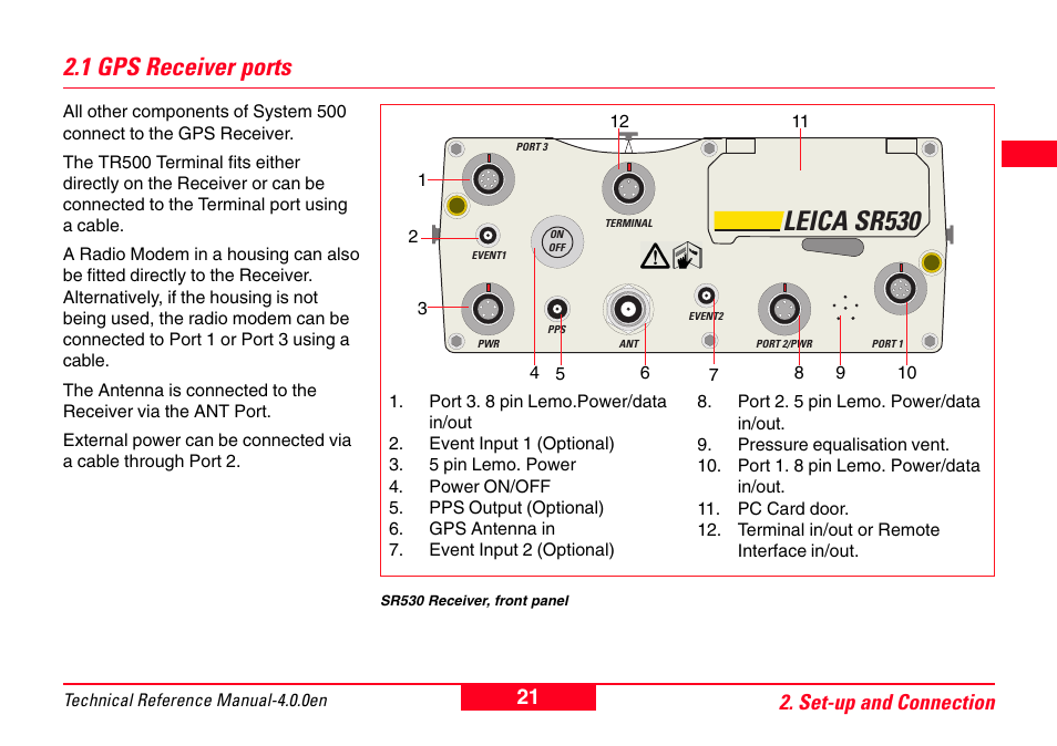 1 gps receiver ports, Leica sr530, 21 2. set-up and connection | Leica Geosystems GPS System 500 - Technical Reference Manual User Manual | Page 21 / 391