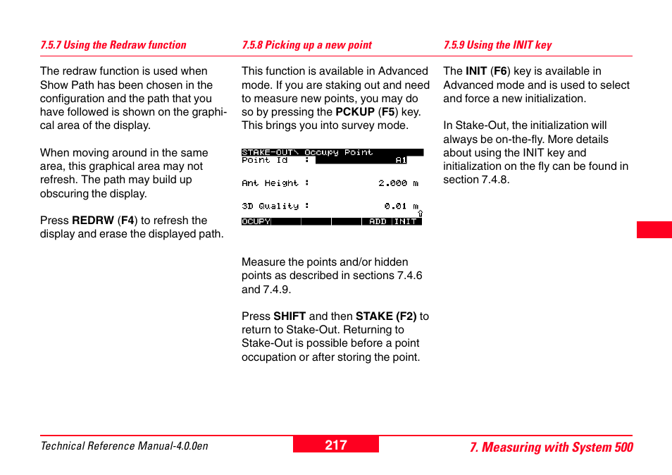 7 using the redraw function, 8 picking up a new point, 9 using the init key | Leica Geosystems GPS System 500 - Technical Reference Manual User Manual | Page 217 / 391