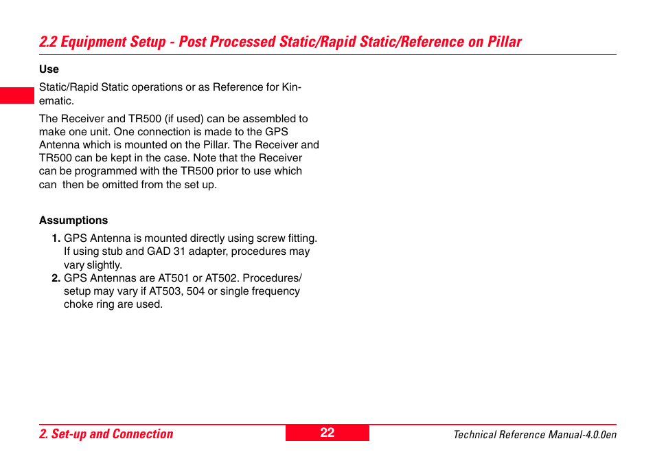 2 equipment setup - post processed static/rapid, Static/reference on pillar | Leica Geosystems GPS System 500 - Technical Reference Manual User Manual | Page 22 / 391