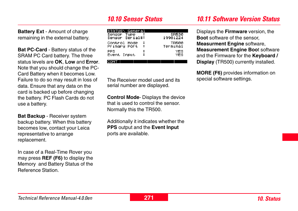10 sensor status, 11 software version status, 10 sensor status 10.11 software version status | Leica Geosystems GPS System 500 - Technical Reference Manual User Manual | Page 271 / 391